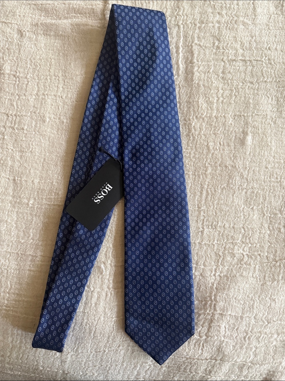 HUGO BOSS Navy Blue Silk Tie with Light Blue Dot Motif NWT